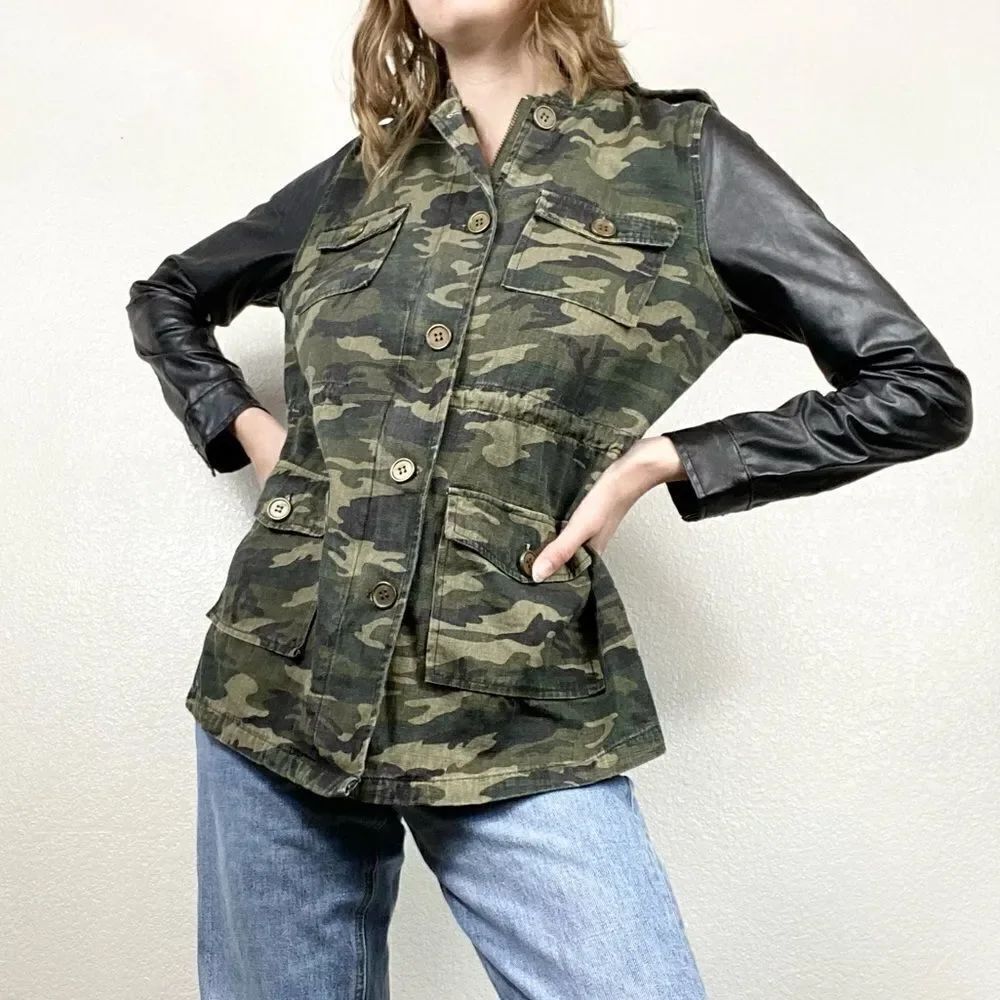Fifty Street Green Camo Leather Sleeve Jacket